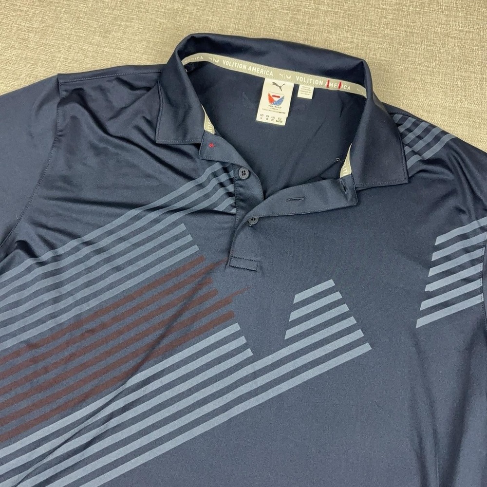 PUMA Volition America Polo Shirt Mens L Blue Striped Golf Jersey Short Sleeve